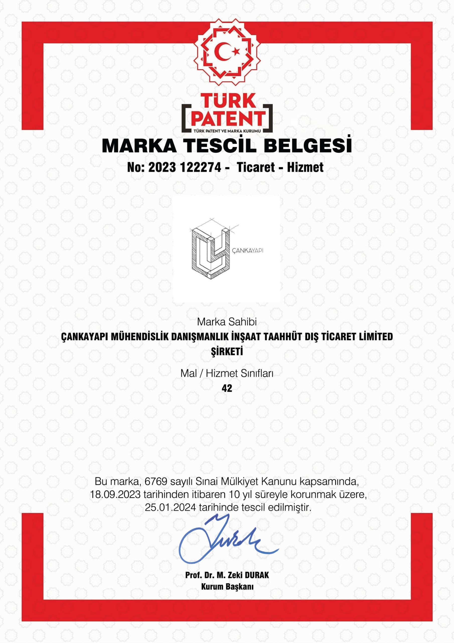 ÇANKAYAPI Marka Tescil Belgesi